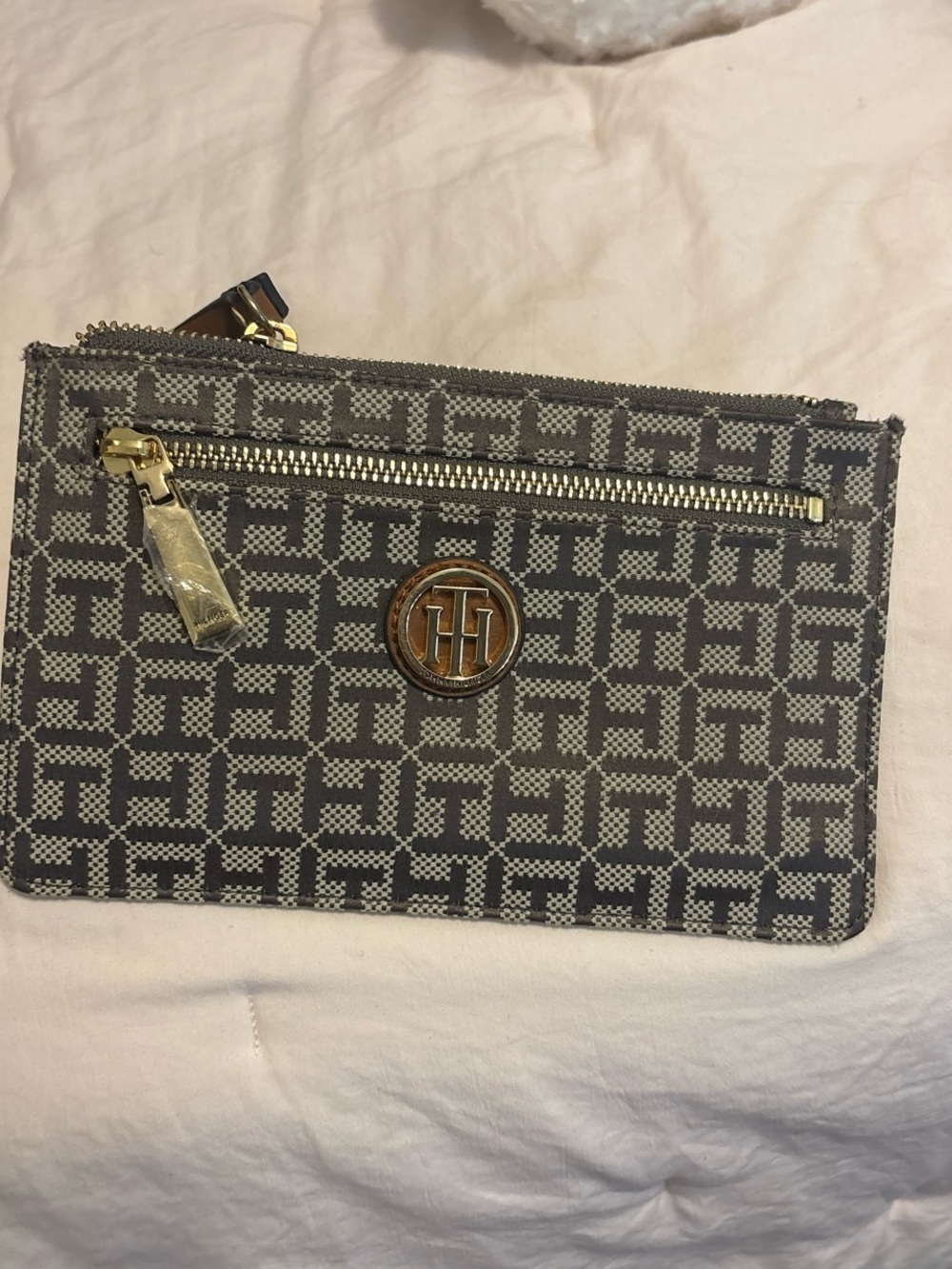 Tommy Hilfiger Gray Monogram Canvas Zip Wristlet with Gold Hardware